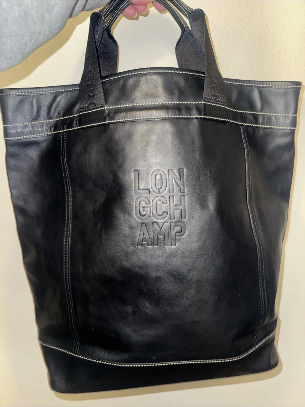 Longchamp Black Leather top handle laptop tote EUC
